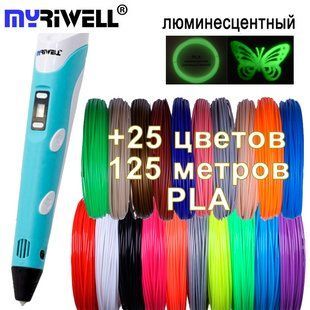 3D ручка Myriwell 2 RP100B (Оригинал) с LCD экраном +комплект пластика 25 цветов, 125 метров +трафареты mt255b фото
