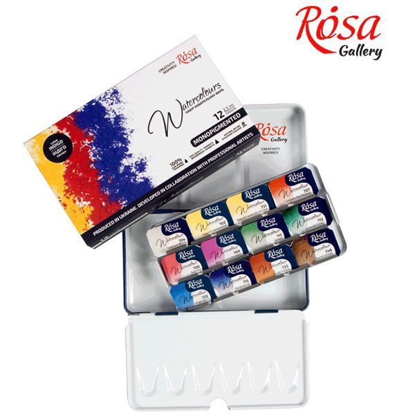Набір акварельних фарб ROSA Gallery MONOPIGMENTED 12*2,5мл кювета Індіго метал. пенал 3403212 фото