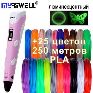 3D ручка Myriwell 2 RP100B (Оригинал) с LCD экраном +комплект пластика 25 цветов, 250 метров +трафареты Голубая, Экопластик ПЛА 25 цветов по 5 метров m2510r фото